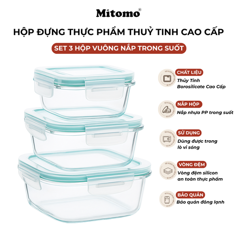 Bộ 3 Hộp Thuỷ Tinh Nắp Trong Suốt Hình Vuông Đựng Phực Phẩm Cao Cấp Mitomo
