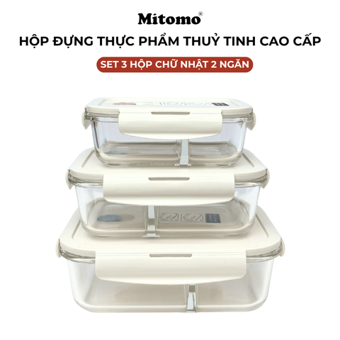 Bộ 3 Hộp Thuỷ Tinh Hình Chữ Nhật 2 Ngăn Đựng Phực Phẩm  Mitomo