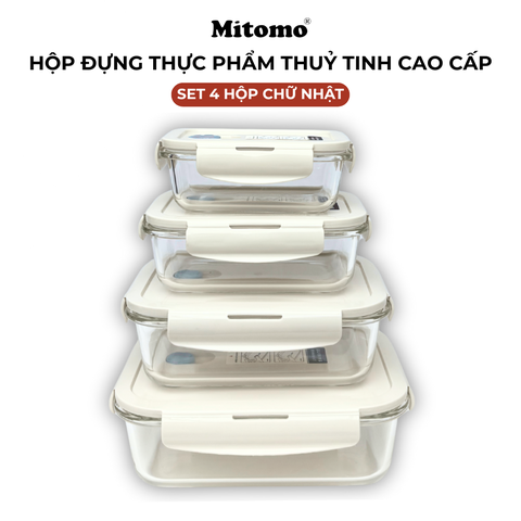 Bộ 4 Hộp Thuỷ Tinh Đựng Phực Phẩm Hình Chữ Nhật Mitomo