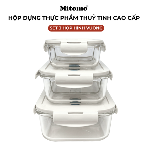 Bộ 3 Hộp Thuỷ Tinh Hình Vuông Đựng Phực Phẩm  Mitomo