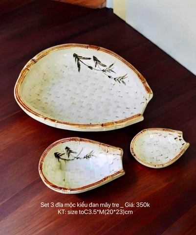 Set 3 đĩa mộc kiểu đan mây tre