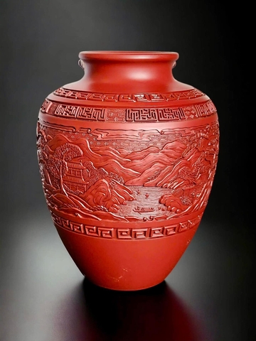 Bình Sơn mài Chu sa khắc cảnh