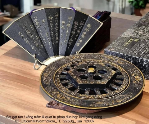 Set gạt tàn/xông trầm & quạt tư pháp đúc hợp kim gang đồng