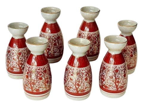 Bình rượu Kutani ngũ sắc đỏ vẽ hoạ tiết hoa đào