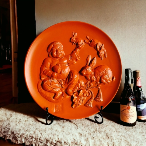 Đĩa cảnh Tokoname thần tài và thỏ