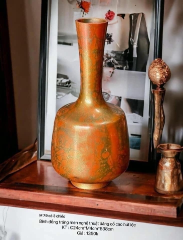 Bình đồng tráng men nghệ thuật dáng cổ cao hút lộc