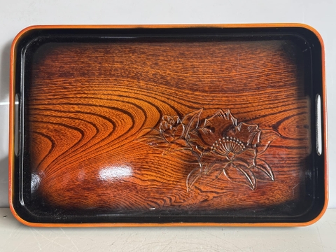 Khay mika sơn mài khắc hoa