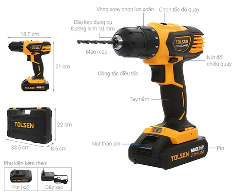 MÁY KHOAN PIN 2 TỐC ĐỘ10MM 20V (2 PIN)TOLSEN TOLSEN 79033