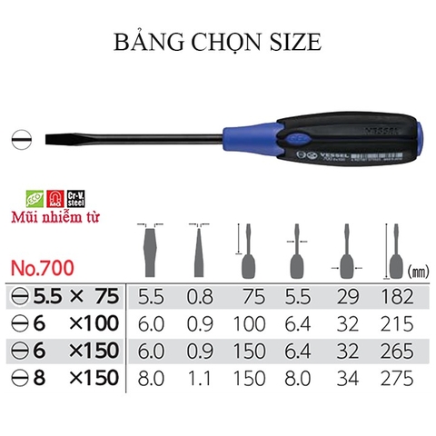 Tô vít 2 cạnh cán siêu êm VESSEL No.700-6x100