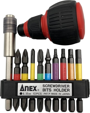 Vỉ 9 mũi vít kèm Đầu nối vít và cán ANEX ACMH9-EH