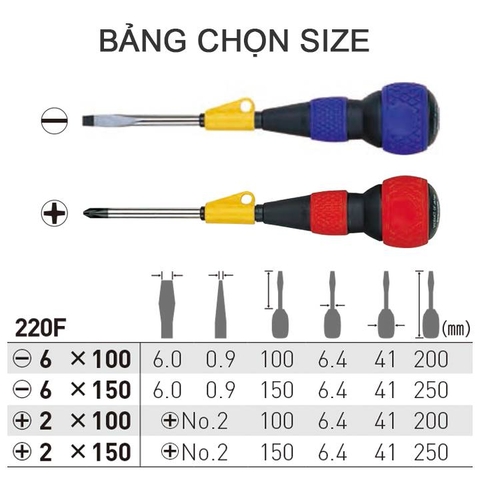 Tô vít 4 cạnh cán tròn, xoay tự do VESSEL 220F+2x150