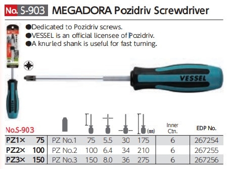 Tô vít Megadora dòng Pozi VESSEL No.S-903 PZ 1x75