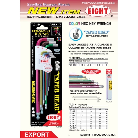 Bộ lục giác 9 chi tiết đầu bi 7 màu Eight TLC-S9N (hệ mét)