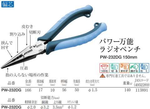 Kìm nhọn đa năng tác động mạnh 150mm TSUNODA PW-232DG