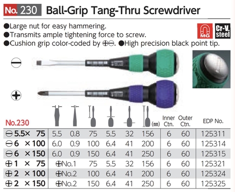 Tô vít đóng 4 cạnh cán tròn VESSEL 230+2x100
