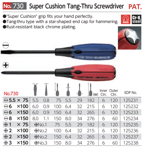Tô vít đóng 4 cạnh cán siêu êm VESSEL No.730+2x100