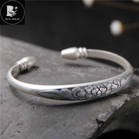 Vòng tay bạc nguyên chất hoa mẫu đơn V03