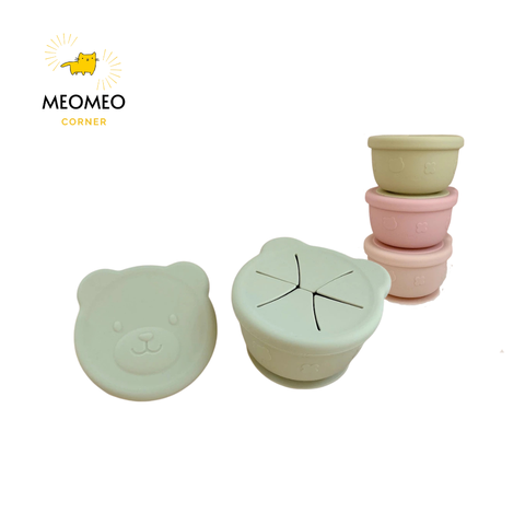 Chén bát ăn dặm Barrot Silicone Gấu 2 nắp tiện lợi Bar-Rot