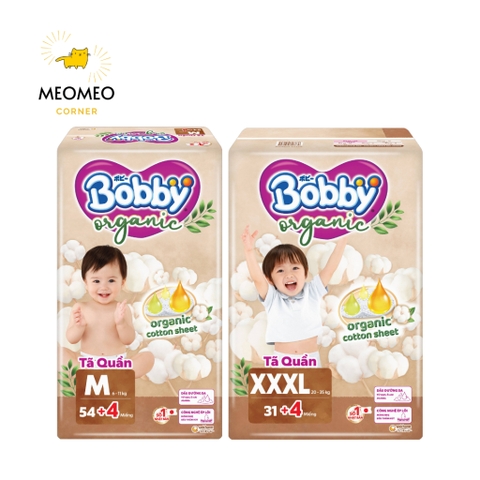 Tã / bỉm quần Bobby Organic Cotton Hữu Cơ, Thoáng Khí, Chống Tràn M / L / XL / XXL / 3XL