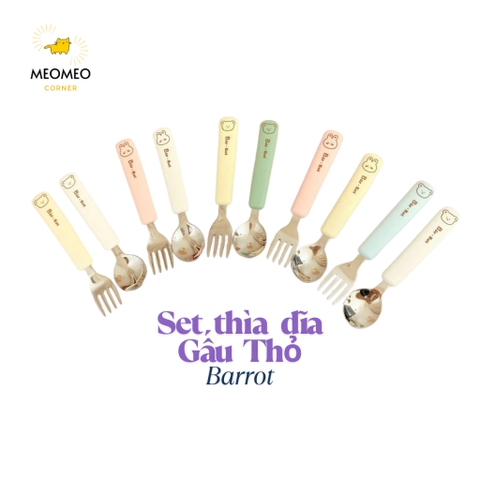 Bộ Thìa Dĩa Ăn Dặm Hình Gấu Thỏ Barrot Chất Liệu Inox Cao Cấp Cho Bé