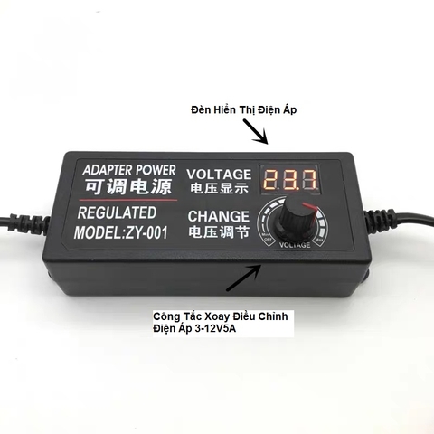 Nguồn Adapter Điều Chỉnh Điện Áp 3~12VDC 5A Đầu DC 5.5x2.5mm Có LED Hiển Thị