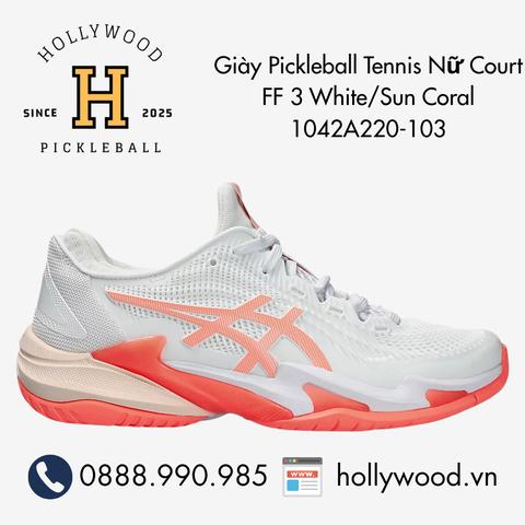 Giày Tennis Pickleball Asics Nữ Court FF 3 White/Sun Coral 1042A220-103