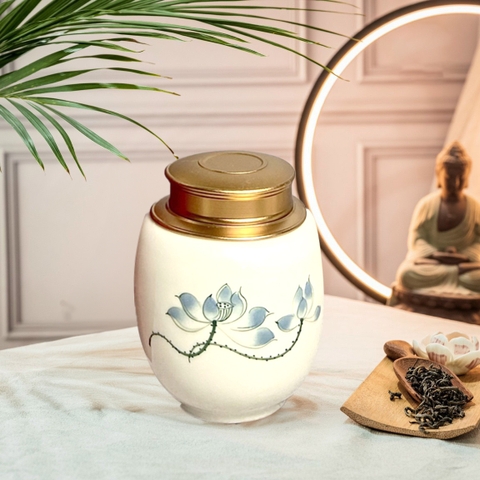 Hộp đựng trà mây trắng vẽ sen xanh