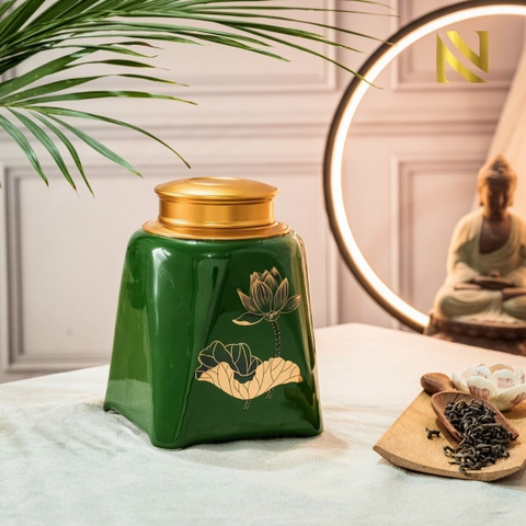 Hũ đựng trà men xanh ngọc sen vàng