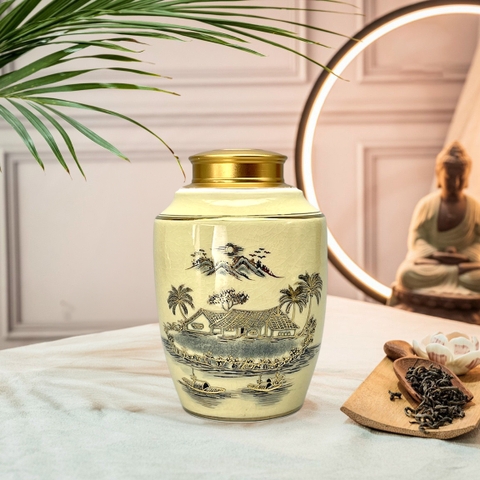 Hũ đựng trà men rạn vẽ thuận buồm