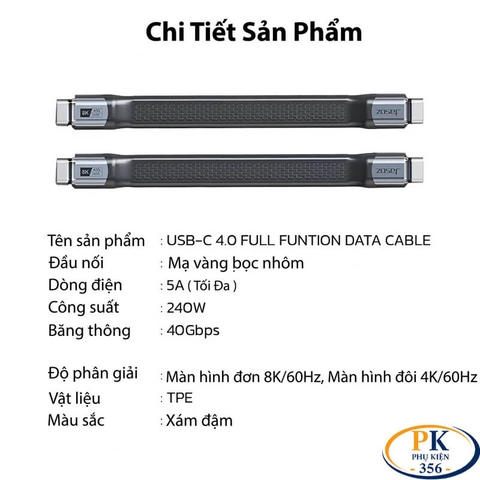 Cáp USB4 C to C 13cm Jasoz T-D223 40Gbps 240W 8K@60Hz Chính Hãng