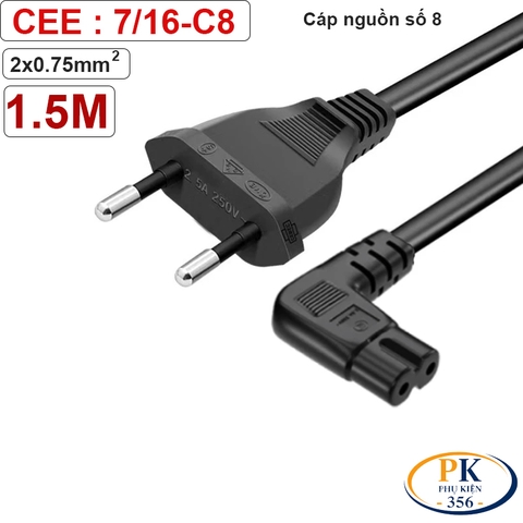 Cáp Nguồn Số 8 C7 Lõi Đồng 2×0.75mm² – Dây Nguồn IEC C7 An Toàn, Ổn Định Cho Adapter, TV, Loa đầu bẻ góc