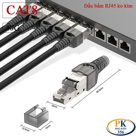 Đầu Bấm Mạng RJ45 Cat8 Tool Free Không Cần Kìm, Vỏ Kim Loại Chống Nhiễu 40Gbps/2000MHz chuẩn công nghiệp