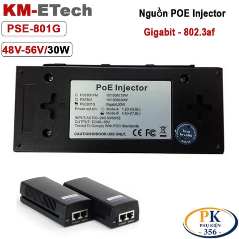 Bộ nguồn Adapter POE injecter 48V-56V 30W Gigabit chuẩn IEE802.3af KM-Etech PSE801G