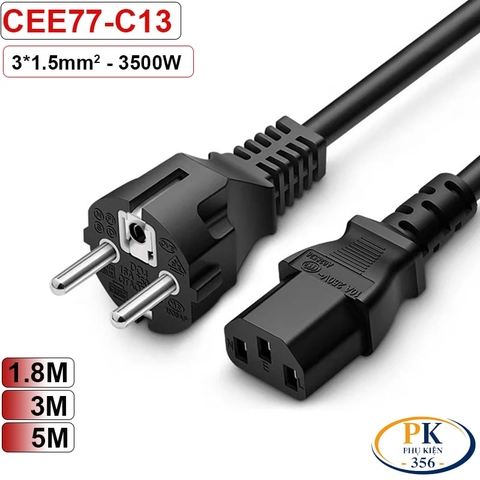 Cáp nguồn máy tính C13 EU CEE 7/7 Schuko lõi đồng 3x1.5mm² dài 1.8m – 10m | An toàn – Bền bỉ