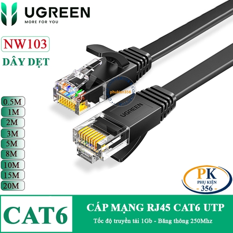 Dây cáp mạng RJ45 CAT6 1Gb 250Mhz Ugreen 50179 dây dẹt màu đen dài 12M