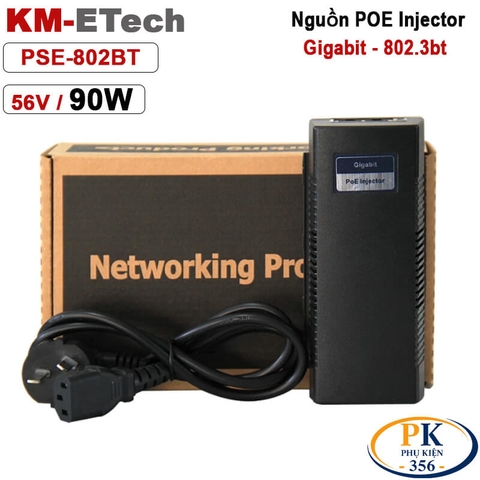 Bộ nguồn Adapter POE+ Gigabit injecter 56V 90W chuẩn IEEE802.3bt KM-Etech PSE802BT