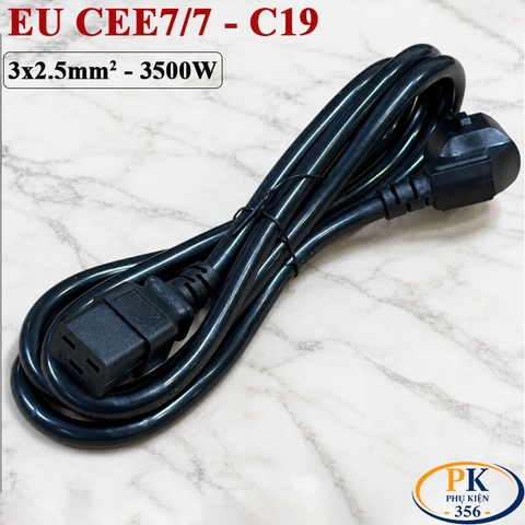 Dây cáp nguồn C19 IEC320 lõi đồng CEE 7/7 3×2.5mm² 16A 250V bẻ góc OD 10.5mm