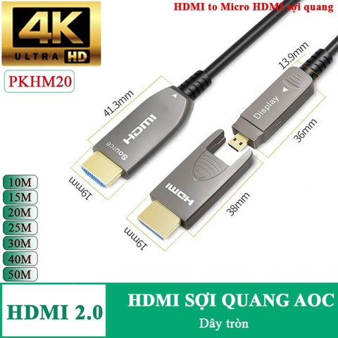 Cáp HDMI 2.0 to Micro HDMI Sợi Quang 4K@60Hz 2 Trong 1 Dài 10M–100M – Dễ Luồn Ống Gen HD-PKHM20