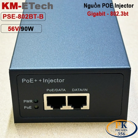 Bộ nguồn Adapter PoE+ Plus Injector 56V 90W Gigabit chuẩn IEEE802.3bt KM-Etech PSE802BT-B vỏ kim loại dùng cho camera PTZ