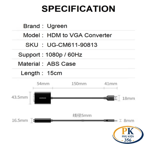 Cáp chuyển HDMI sang VGA full HD CM611 chính hãng Ugreen 90813 dài 20CM