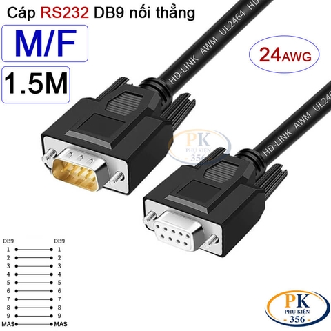 Dây cáp RS232 DB9 nối thẳng 2 đầu đực - cái male - female 24AWG vỏ PVC cao cấp dài 0.5M-40M