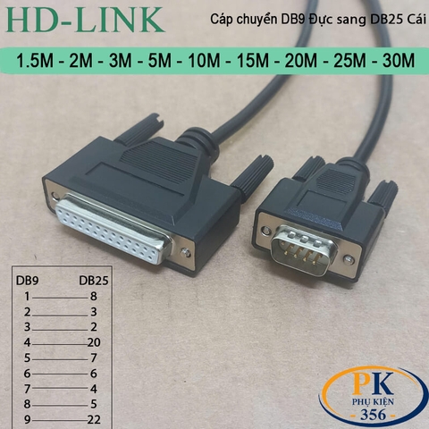 Cáp chuyển DB9 đực sang DB25 cái dùng cho máy in thường DB9M to DB25F dài 1M đến 30M