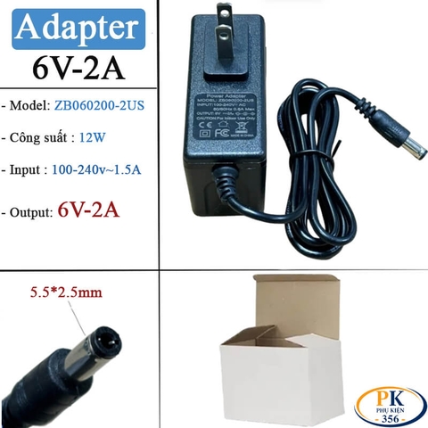Củ nguồn DC Adapter 6V-2A 12W chân cắm tròn 5.5*2.5mm ZB060200-2US