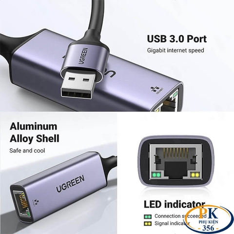 Cáp Chuyển USB 3.0 to LAN Gigabit 1Gbps Ugreen 50922 CM209 Chipset AX88179 Vỏ Nhôm Màu Ghi