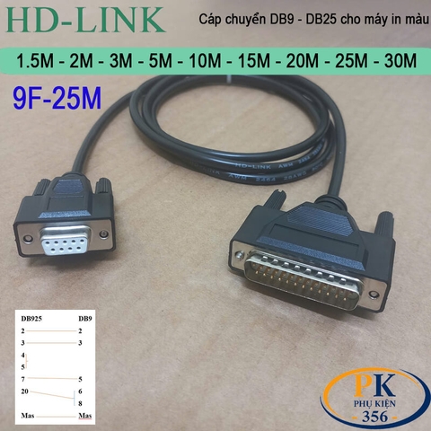 Cáp chuyển DB9 cái sang DB25 đực cho máy in màu, PLC DB9F to DB25M dài 1M đến 30M
