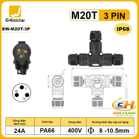 Đầu Cút Nối Chia Dây Điện Chữ T Chống Nước IP68 2,3,4 lõi Eweichat EW-M20T Ø10mm