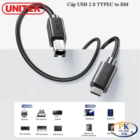 Dây Cáp Máy In USB 2.0 Type-C Sang USB Type-B Unitek C4088BK – Dùng Cho Máy In, Sound Card, MIDI