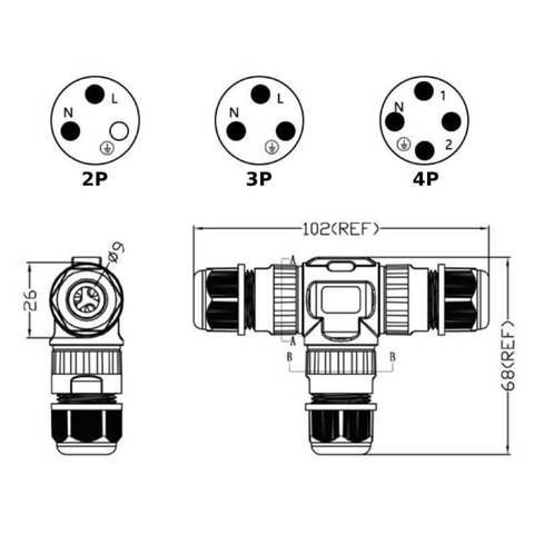 Đầu Cút Nối Chia Dây Điện Chữ T Chống Nước IP68 2,3,4 lõi Eweichat EW-M20T Ø10mm