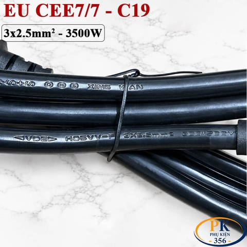Dây cáp nguồn C19 IEC320 lõi đồng CEE 7/7 3×2.5mm² 16A 250V bẻ góc OD 10.5mm