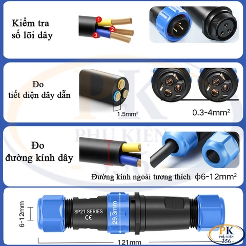 Đầu Nối Điện Chống Nước Âm Dương SP21 Chuẩn IP68 2 Đến 12 Lõi Bắt Vít Dùng Cho Dây 7 Đến 12mm
